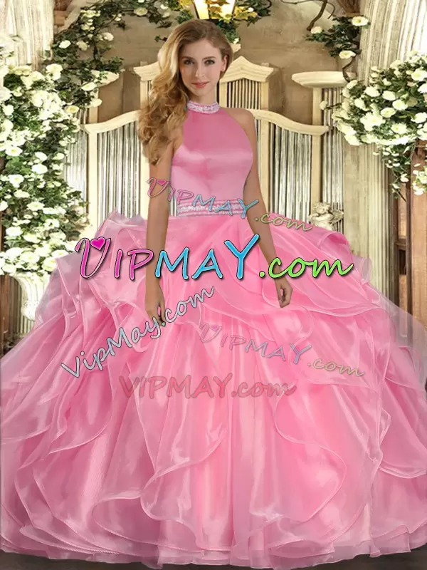 Watermelon Red Organza Backless Halter Top Sleeveless Floor Length Quince Ball Gowns Beading and Ruffles