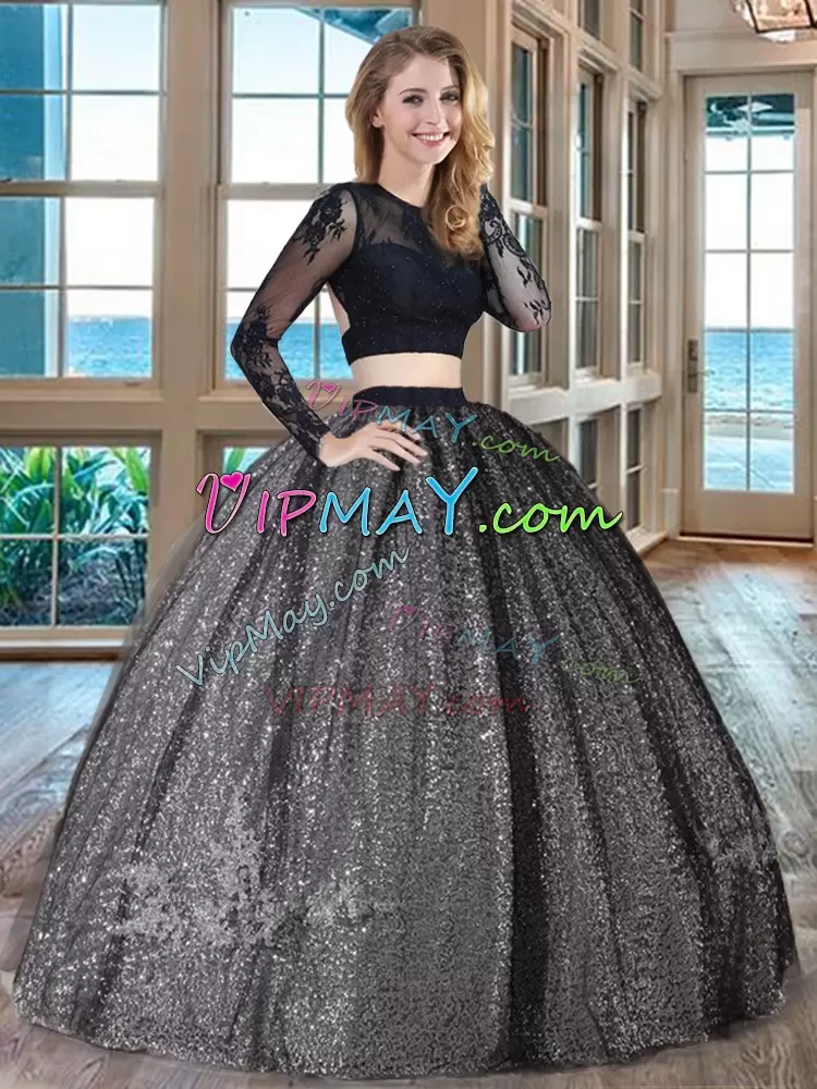 Cute Black Two Pieces Appliques Ball Gown Prom Dress Backless Tulle Long Sleeves Floor Length