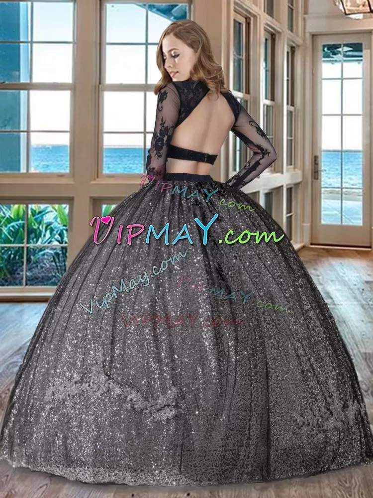 Cute Black Two Pieces Appliques Ball Gown Prom Dress Backless Tulle Long Sleeves Floor Length