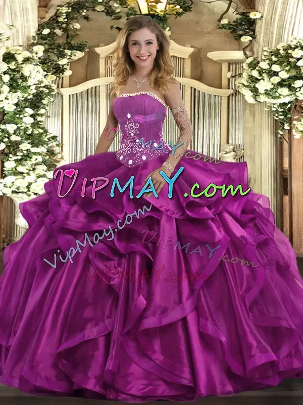 Fuchsia Ball Gowns Beading and Ruffles Ball Gown Prom Dress Lace Up Organza Sleeveless Floor Length