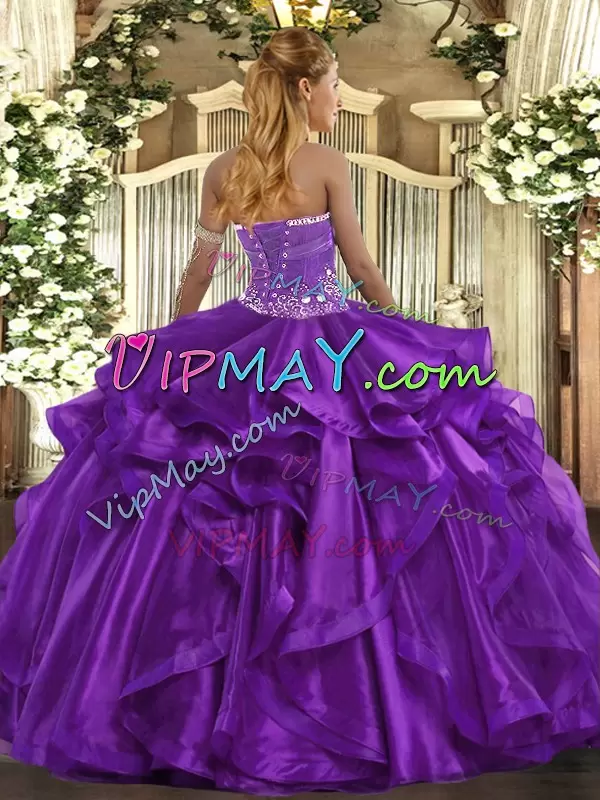 Fuchsia Ball Gowns Beading and Ruffles Ball Gown Prom Dress Lace Up Organza Sleeveless Floor Length