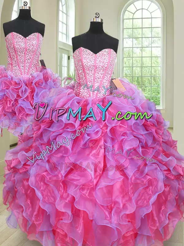 Fitting Organza Sweetheart Sleeveless Lace Up Beading and Ruffles Quince Ball Gowns in Multi-color