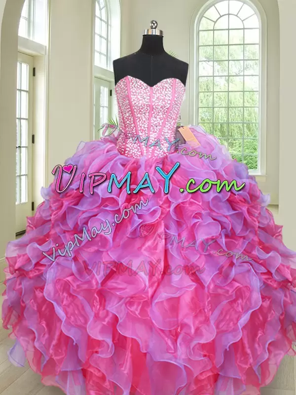 Fitting Organza Sweetheart Sleeveless Lace Up Beading and Ruffles Quince Ball Gowns in Multi-color