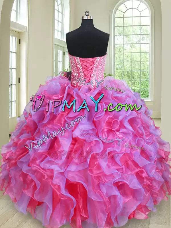 Fitting Organza Sweetheart Sleeveless Lace Up Beading and Ruffles Quince Ball Gowns in Multi-color