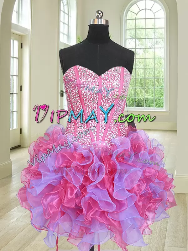 Fitting Organza Sweetheart Sleeveless Lace Up Beading and Ruffles Quince Ball Gowns in Multi-color