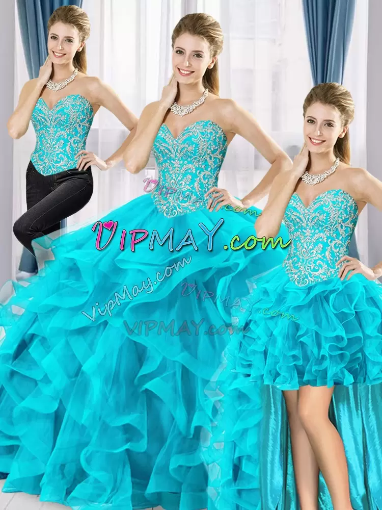 Extravagant Sweetheart Sleeveless Tulle Quinceanera Gowns Beading and Ruffles Lace Up