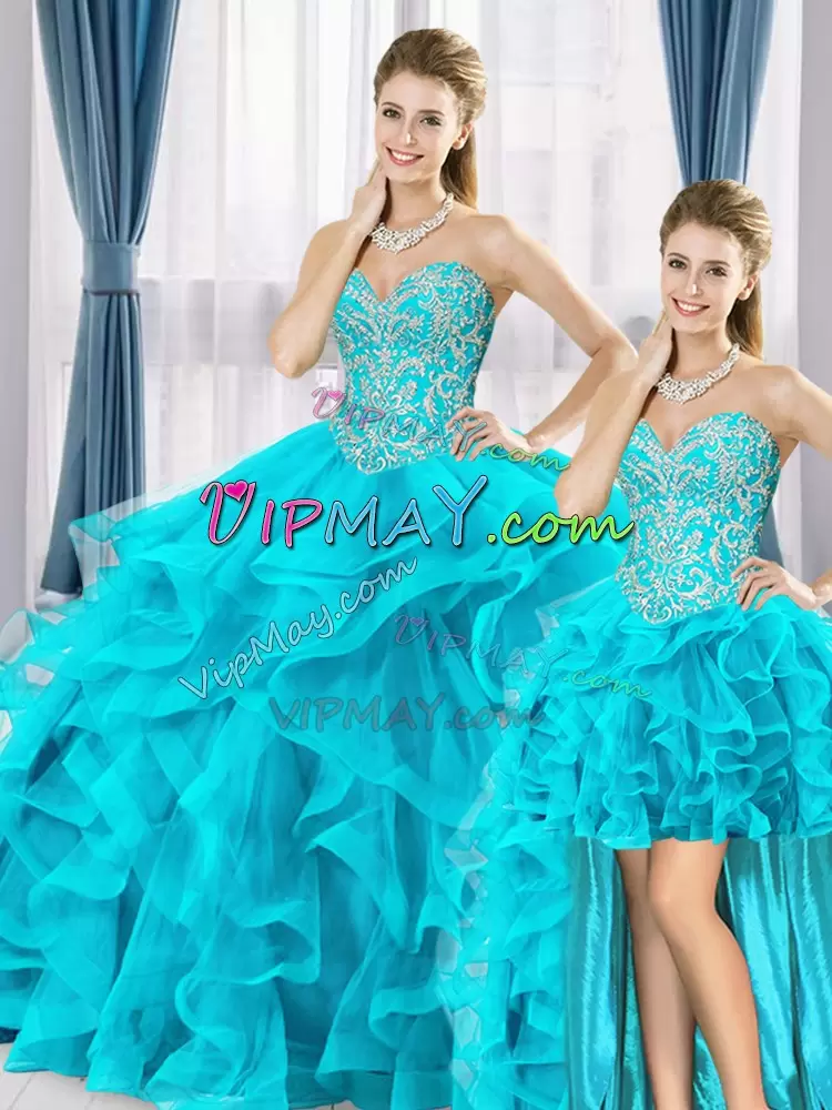 Extravagant Sweetheart Sleeveless Tulle Quinceanera Gowns Beading and Ruffles Lace Up