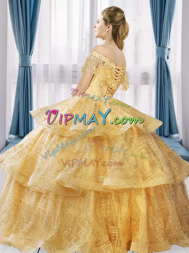 Custom Fit Off The Shoulder Short Sleeves Sequined Sweet 16 Dresses Beading and Ruffled Layers Lace Up