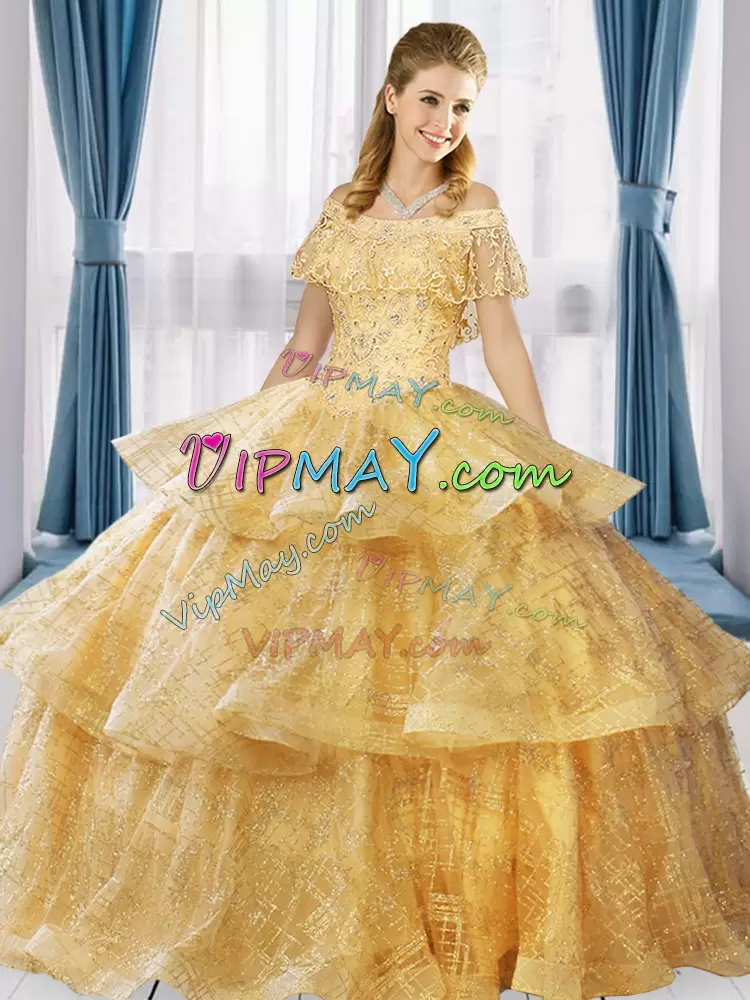 Custom Fit Off The Shoulder Short Sleeves Sequined Sweet 16 Dresses Beading and Ruffled Layers Lace Up