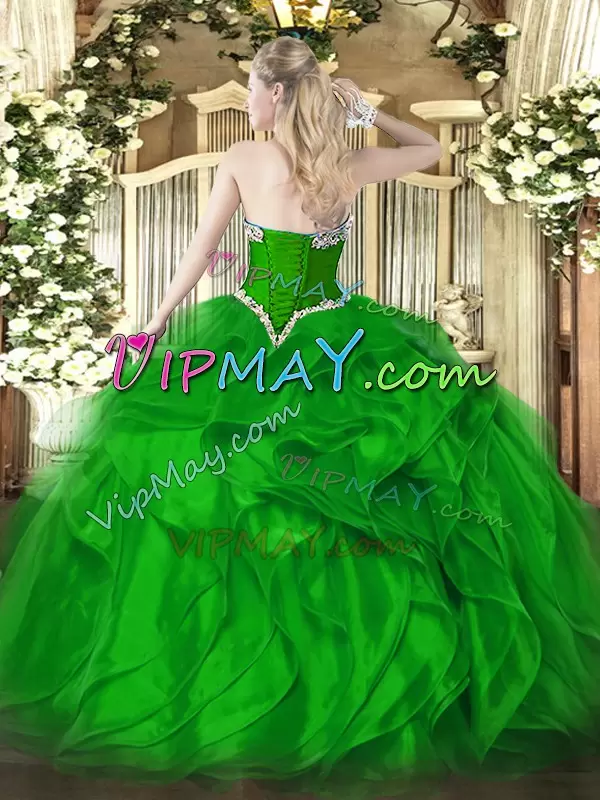 Eye-catching Green Lace Up Sweetheart Beading and Ruffles Sweet 16 Dress Organza Sleeveless