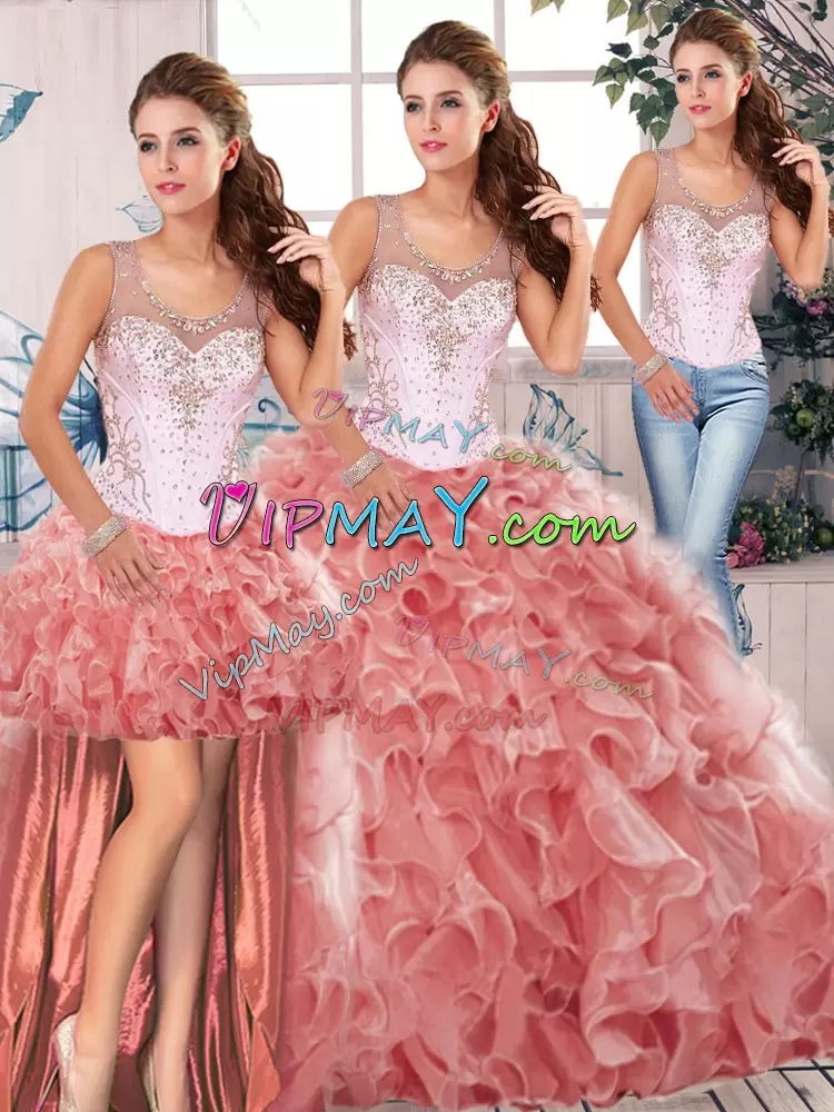 Super Beading and Ruffles 15th Birthday Dress Watermelon Red Clasp Handle Sleeveless Floor Length