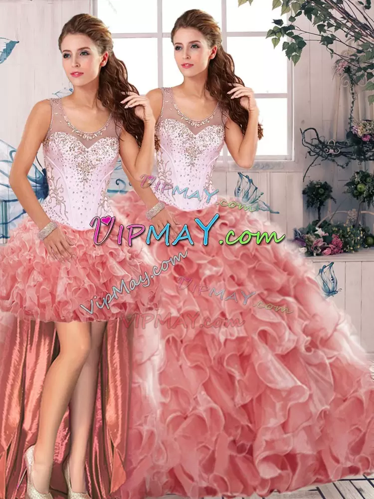 Super Beading and Ruffles 15th Birthday Dress Watermelon Red Clasp Handle Sleeveless Floor Length