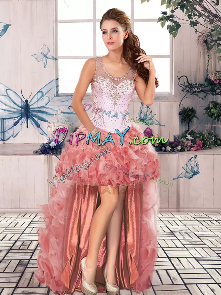 Super Beading and Ruffles 15th Birthday Dress Watermelon Red Clasp Handle Sleeveless Floor Length