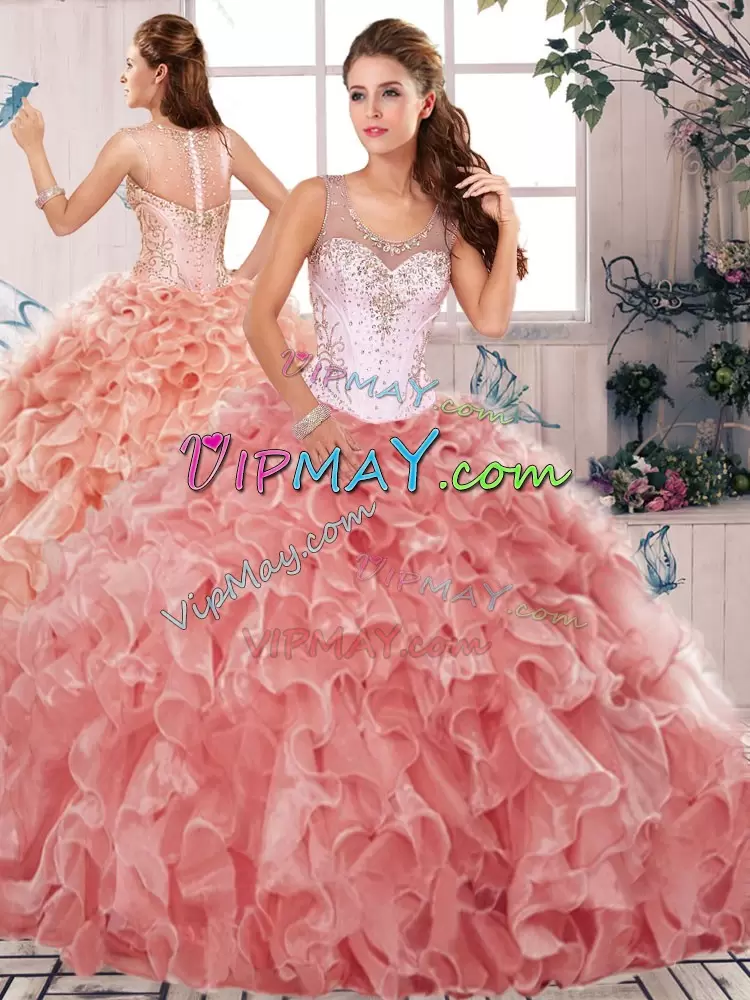 Super Beading and Ruffles 15th Birthday Dress Watermelon Red Clasp Handle Sleeveless Floor Length