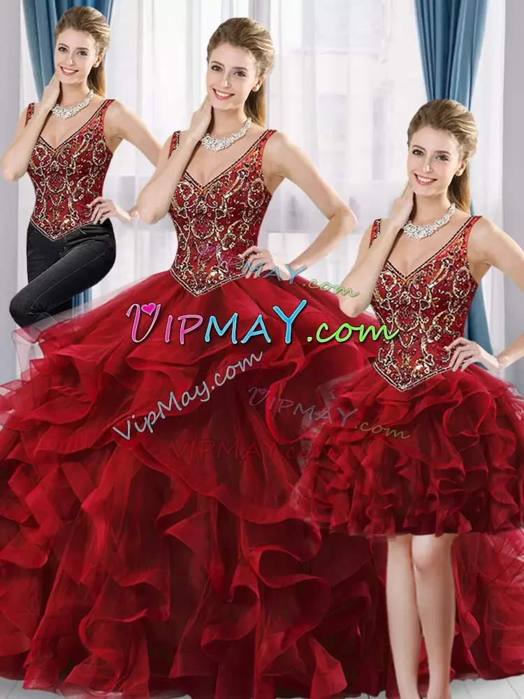 High End Wine Red Sleeveless Tulle Lace Up Quinceanera Dresses for Prom and Sweet 16 and Quinceanera