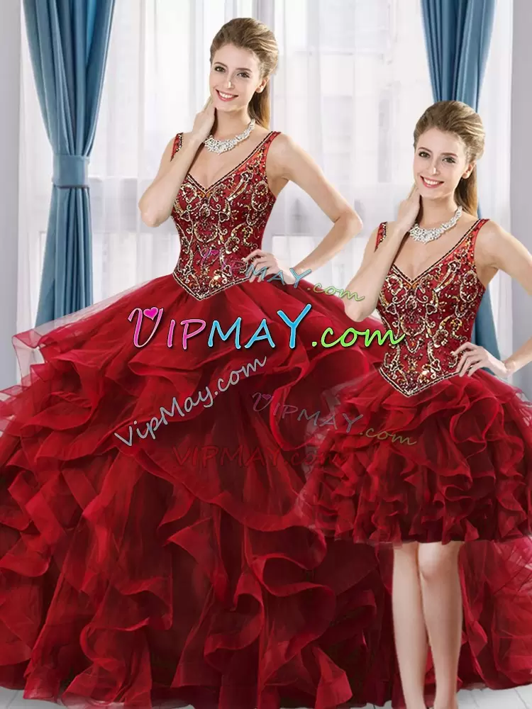 High End Wine Red Sleeveless Tulle Lace Up Quinceanera Dresses for Prom and Sweet 16 and Quinceanera