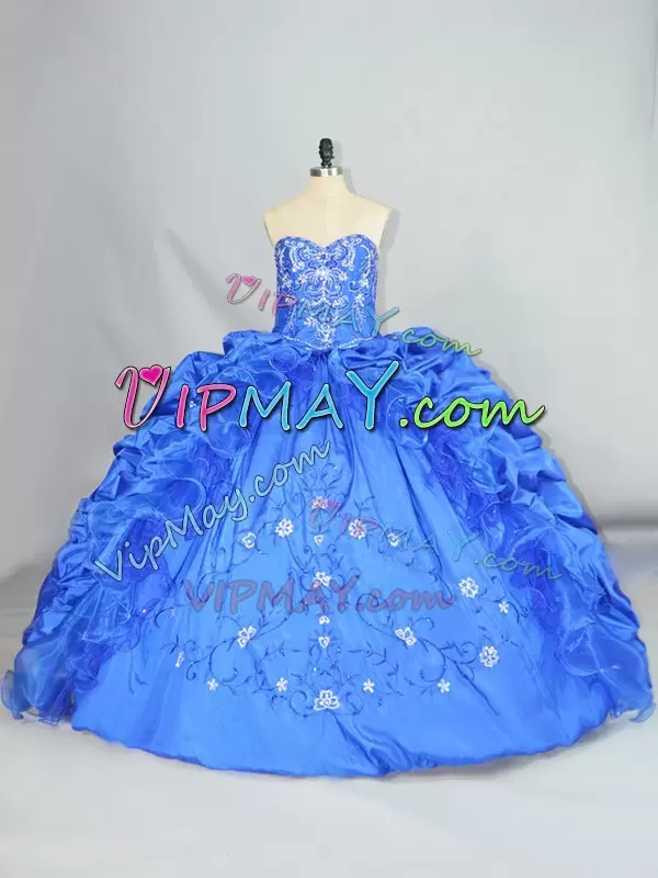 Nice Sleeveless Floor Length Embroidery and Pick Ups Lace Up Quinceanera Gown with Blue