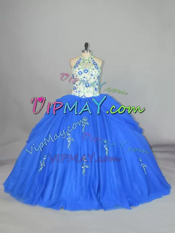 Blue Lace Up Strapless Appliques and Embroidery Sweet 16 Quinceanera Dress Tulle Sleeveless