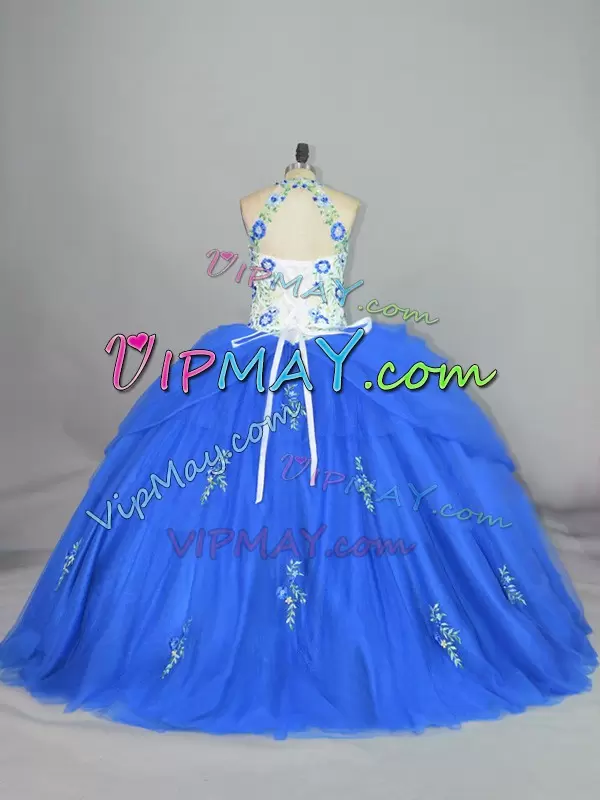 Blue Lace Up Strapless Appliques and Embroidery Sweet 16 Quinceanera Dress Tulle Sleeveless