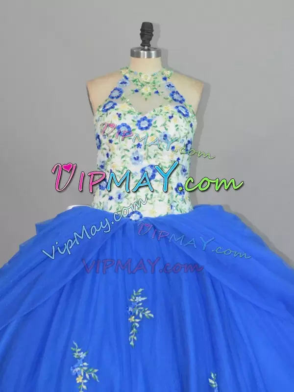 Blue Lace Up Strapless Appliques and Embroidery Sweet 16 Quinceanera Dress Tulle Sleeveless