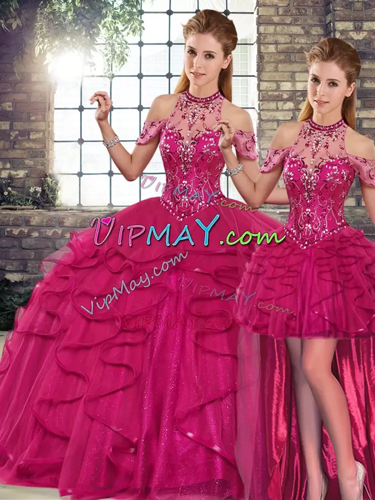 Elegant Tulle Halter Top Sleeveless Lace Up Beading and Ruffles 15th Birthday Dress in Fuchsia