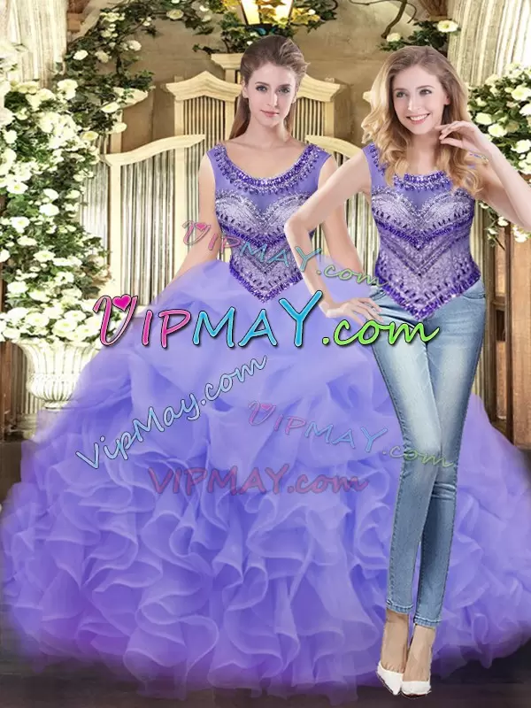 Latest Lavender Sleeveless Beading and Ruffles Floor Length Quinceanera Gowns