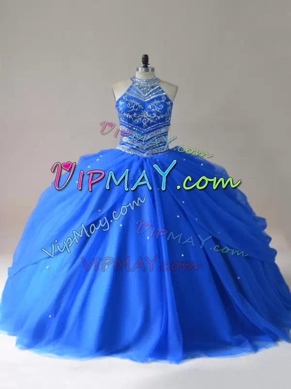 Halter Top Sleeveless Lace Up Sweet 16 Dress Royal Blue Tulle Beading