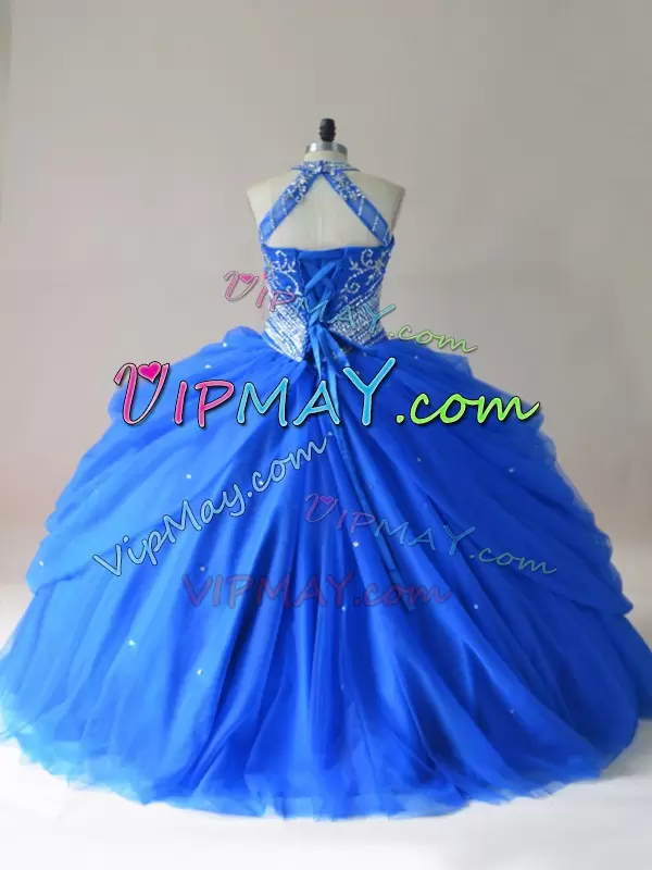 Halter Top Sleeveless Lace Up Sweet 16 Dress Royal Blue Tulle Beading