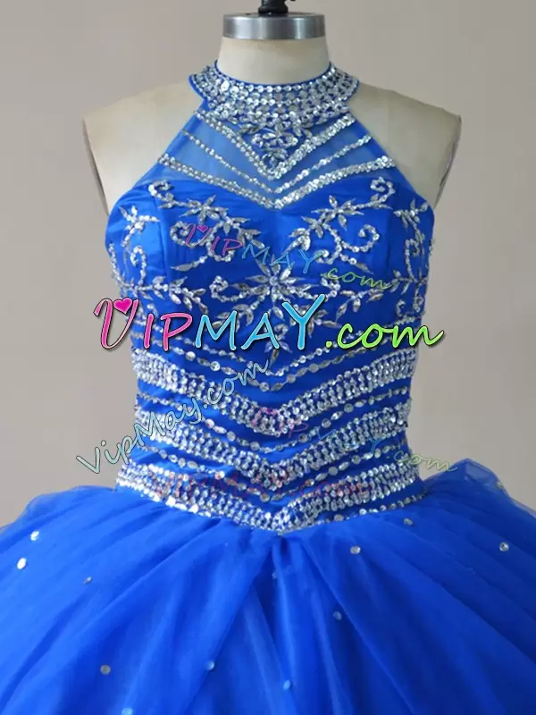 Halter Top Sleeveless Lace Up Sweet 16 Dress Royal Blue Tulle Beading