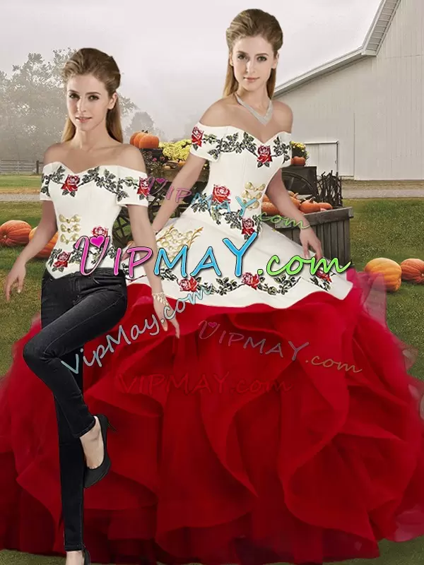 White And Red Tulle Lace Up Off The Shoulder Sleeveless Floor Length Ball Gown Prom Dress Embroidery and Ruffles