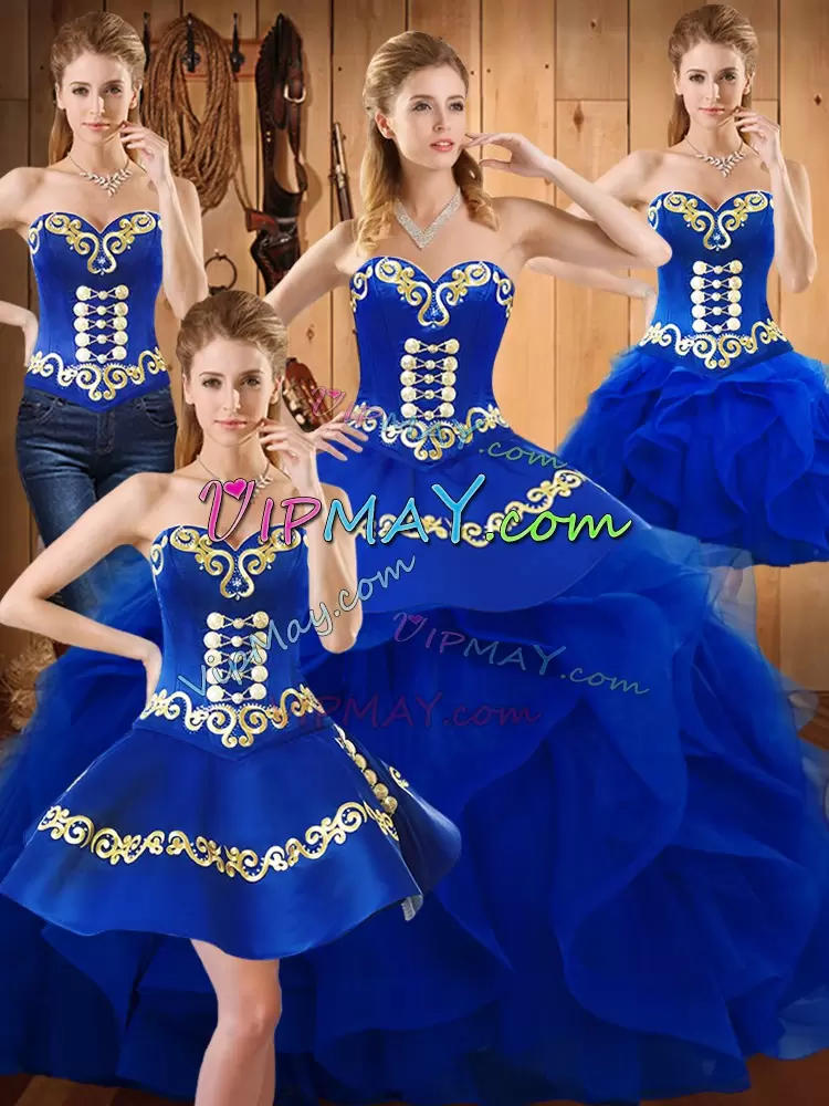 Amazing Sleeveless Sweetheart Lace Up Floor Length Embroidery and Ruffles 15th Birthday Dress Sweetheart