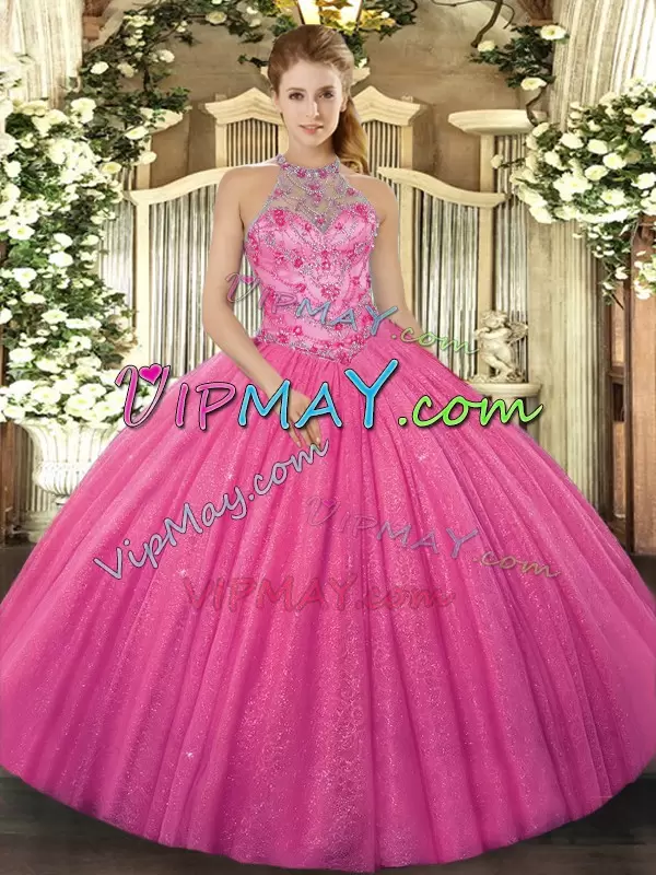 Hot Pink Ball Gowns Halter Top Sleeveless Tulle Floor Length Lace Up Beading and Embroidery Quinceanera Dress