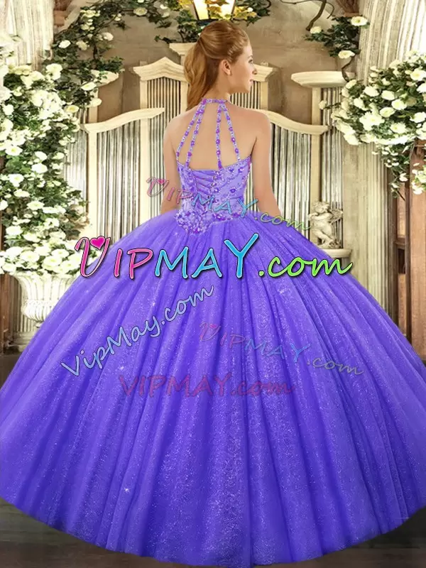 Hot Pink Ball Gowns Halter Top Sleeveless Tulle Floor Length Lace Up Beading and Embroidery Quinceanera Dress