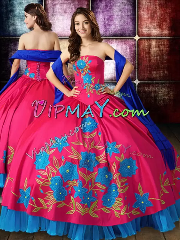 Shining Hot Pink Strapless Lace Up Embroidery Quinceanera Dress Sleeveless