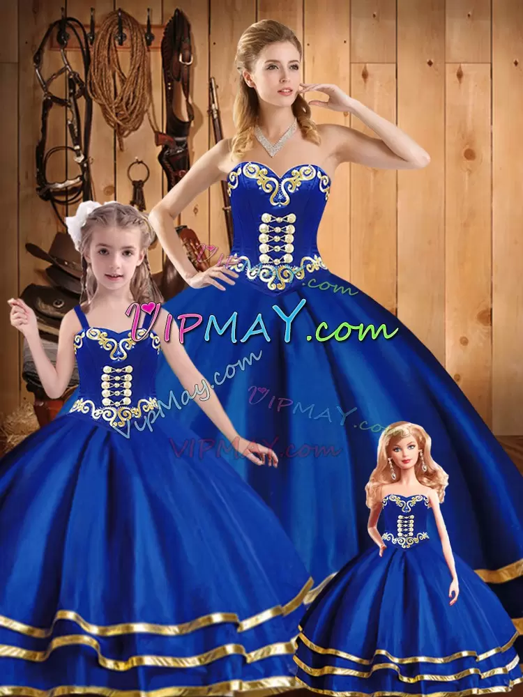 Eye-catching Blue Ball Gowns Embroidery 15th Birthday Dress Lace Up Tulle Sleeveless Floor Length