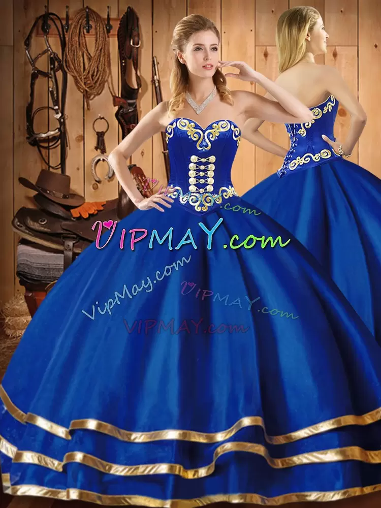 Eye-catching Blue Ball Gowns Embroidery 15th Birthday Dress Lace Up Tulle Sleeveless Floor Length