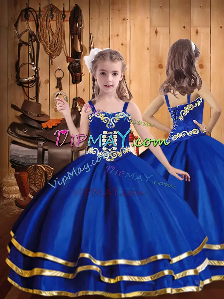 Eye-catching Blue Ball Gowns Embroidery 15th Birthday Dress Lace Up Tulle Sleeveless Floor Length