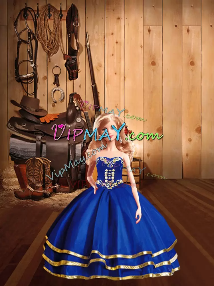 Eye-catching Blue Ball Gowns Embroidery 15th Birthday Dress Lace Up Tulle Sleeveless Floor Length