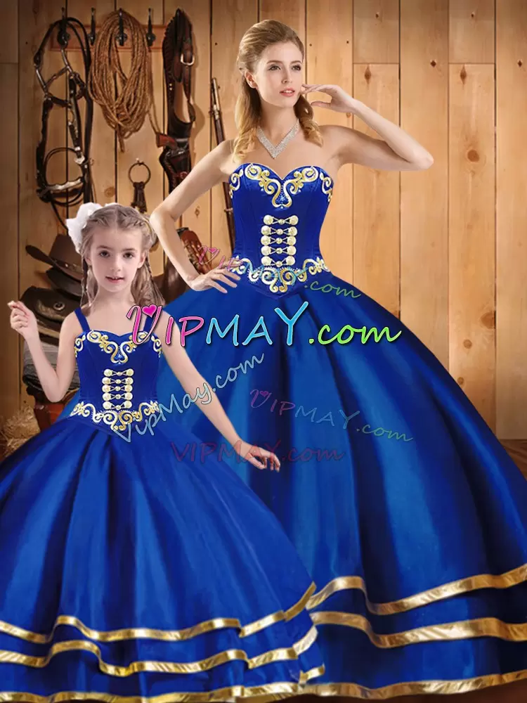 Eye-catching Blue Ball Gowns Embroidery 15th Birthday Dress Lace Up Tulle Sleeveless Floor Length