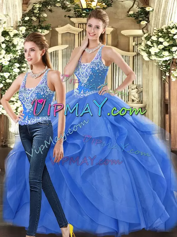 Dynamic Sleeveless Floor Length Beading and Ruffles Lace Up Ball Gown Prom Dress with Blue