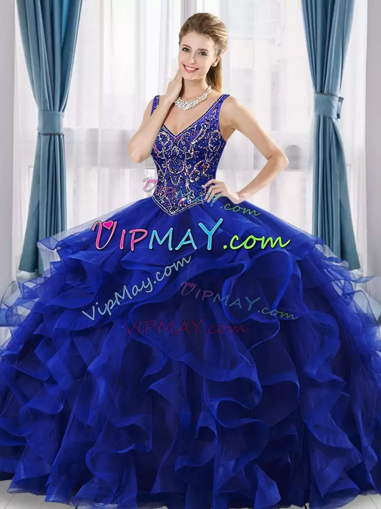 Royal Blue Quinceanera Dresses Military Ball and Sweet 16 and Quinceanera with Beading and Ruffles V-neck Sleeveless Lace Up