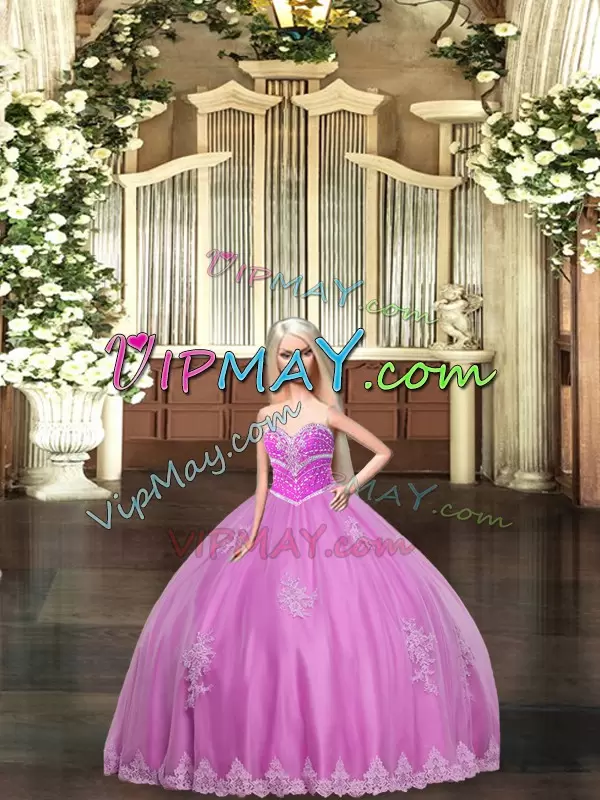 Lilac Sleeveless Beading and Appliques Floor Length Quinceanera Gown