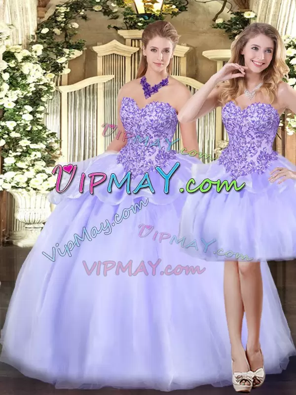 New Style Appliques and Ruffles Quince Ball Gowns Lavender Zipper Sleeveless Floor Length