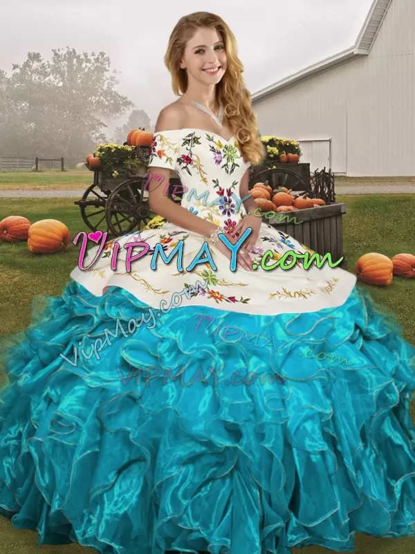 Ball Gowns Sweet 16 Dress Aqua Blue Off The Shoulder Organza Sleeveless Floor Length Lace Up