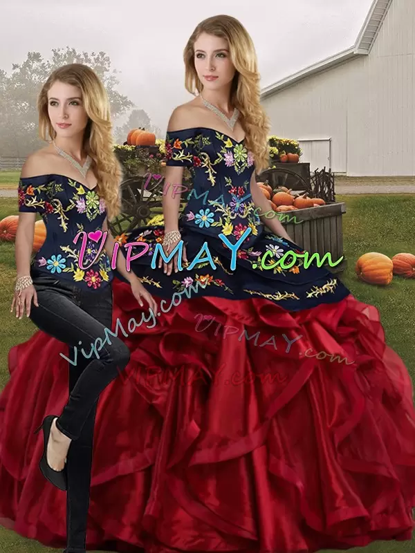 Lovely Red And Black Lace Up Off The Shoulder Embroidery and Ruffles Sweet 16 Dresses Organza Sleeveless