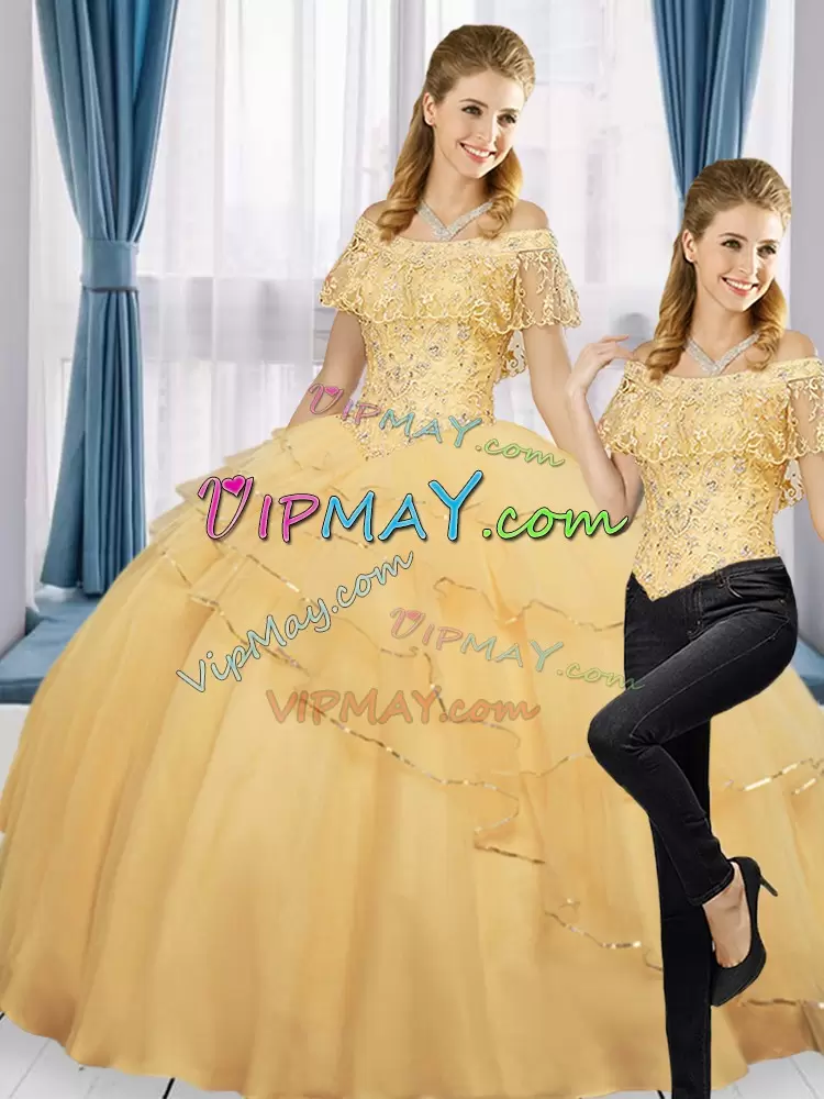 Gold Quinceanera Dress Sweet 16 and Quinceanera with Beading and Ruffled Layers Off The Shoulder Sleeveless Lace Up