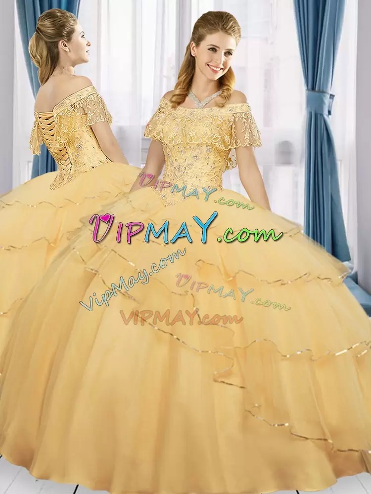 Gold Quinceanera Dress Sweet 16 and Quinceanera with Beading and Ruffled Layers Off The Shoulder Sleeveless Lace Up