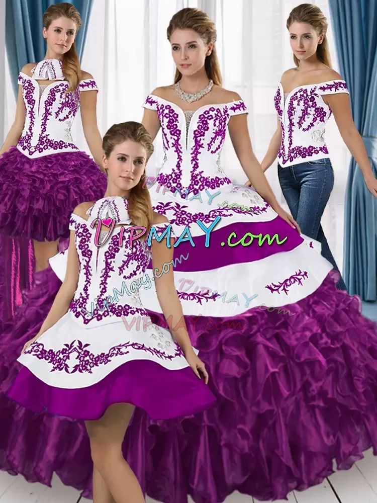 Ideal White And Purple Sleeveless Embroidery and Ruffled Layers Floor Length Quince Ball Gowns