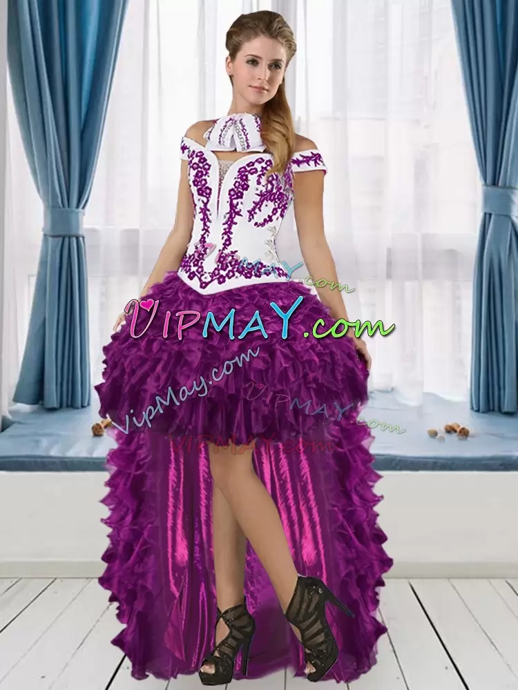 Ideal White And Purple Sleeveless Embroidery and Ruffled Layers Floor Length Quince Ball Gowns