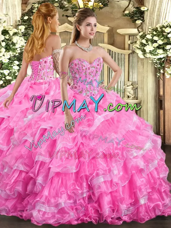 Customized Sweetheart Sleeveless Lace Up Quinceanera Dress Rose Pink Organza Embroidery and Ruffled Layers